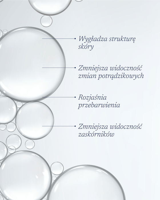 Wygładzająco – rozświetlająca esencja mikrozłuszczająca redukująca niedoskonałości skóry 2,9% kompleksu kwasów AHA i PHA
